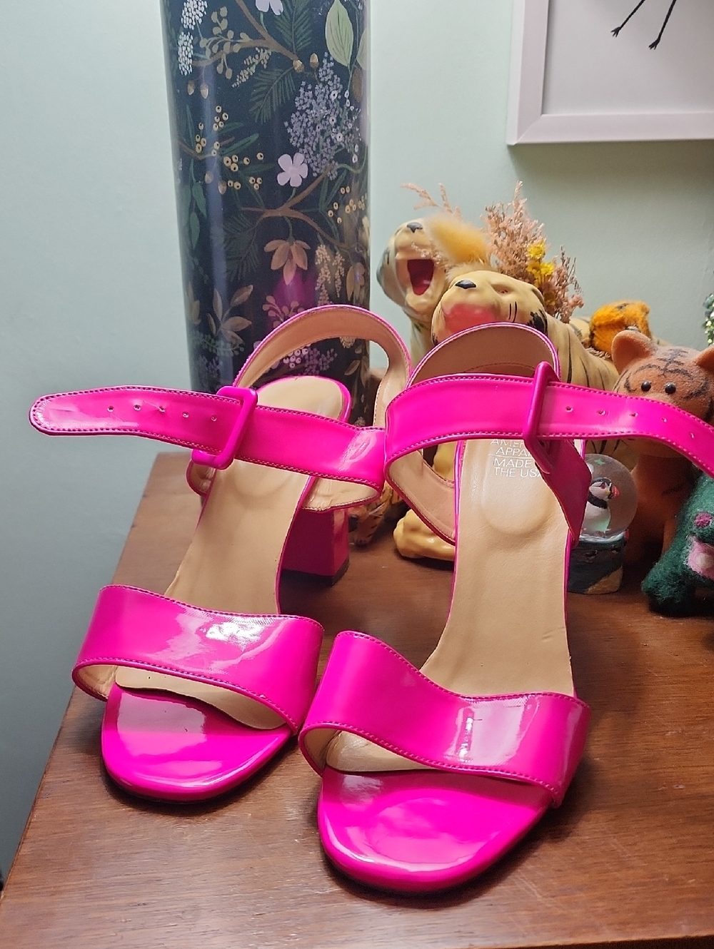 Neon Pink Patent Block Heel Sandals US 8